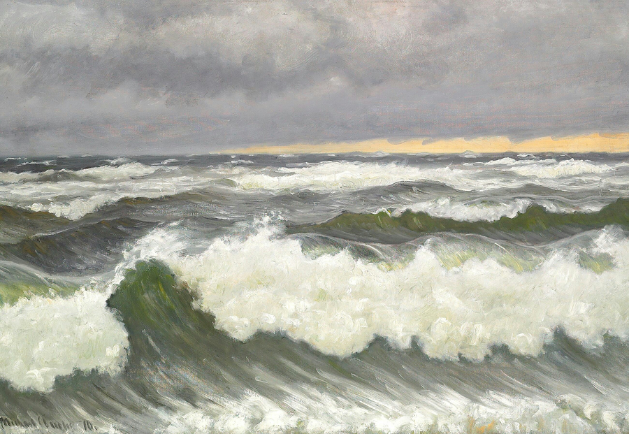 Vagues déferlant un jour de pluie, Skagen. - Michael Peter Ancher