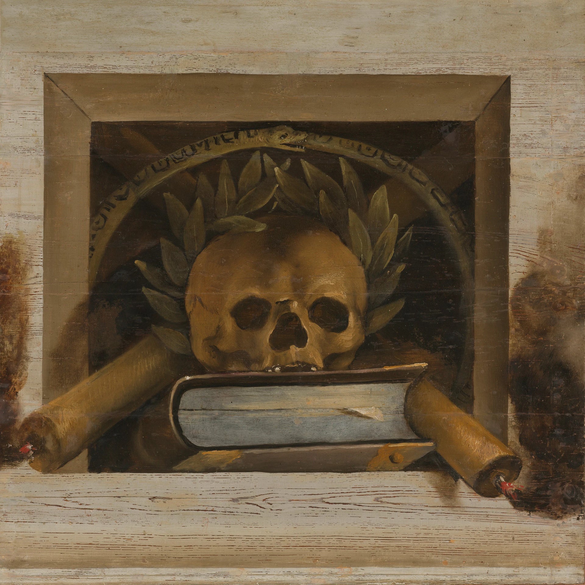 Vanité nature morte avec un crâne avec une couronne de laurier et deux bougies allumées - Jacob van Campen