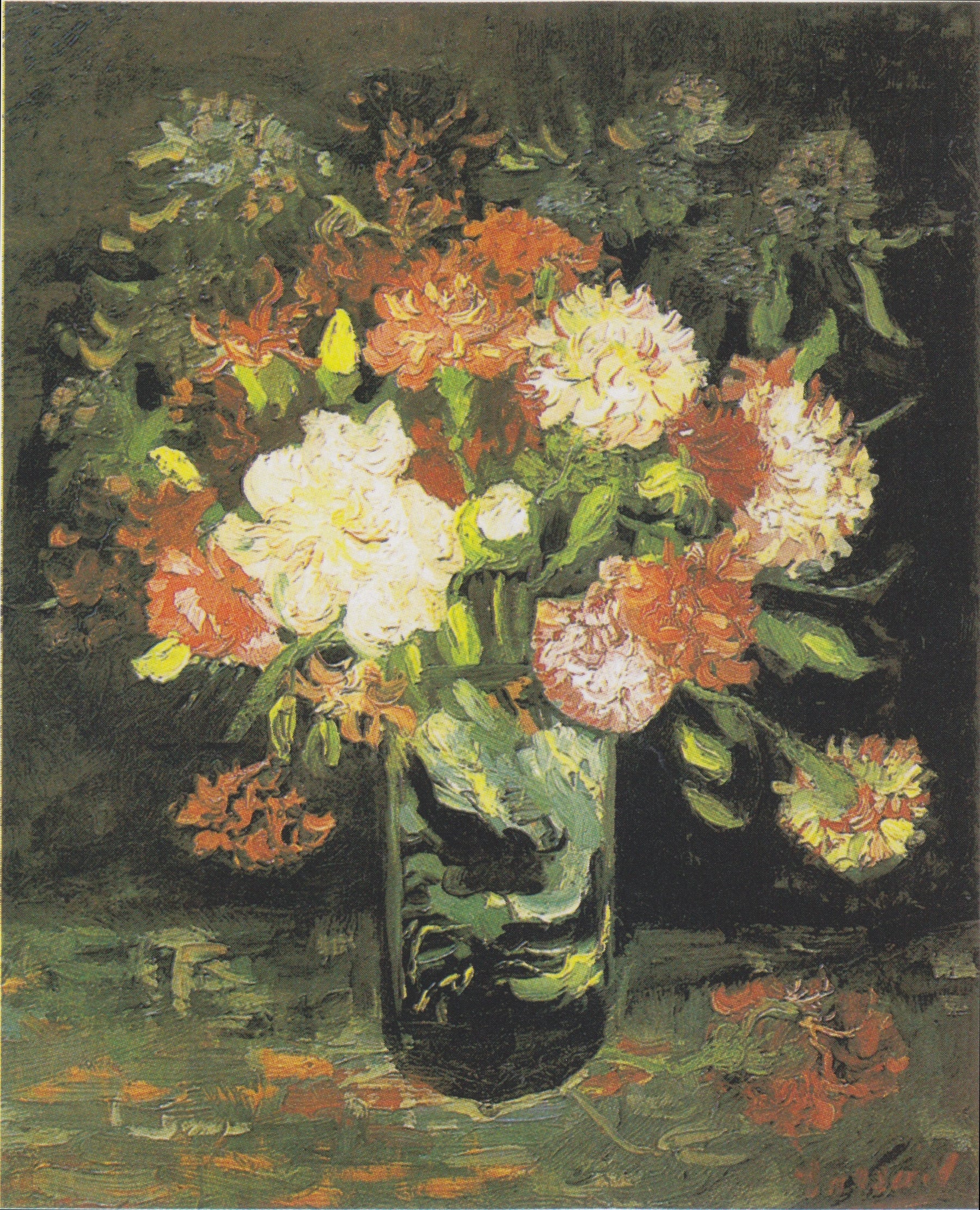Vase avec œillets F245 — bouquet rouge, blanc et jaune peint par Vincent van Gogh sur un fond sombre