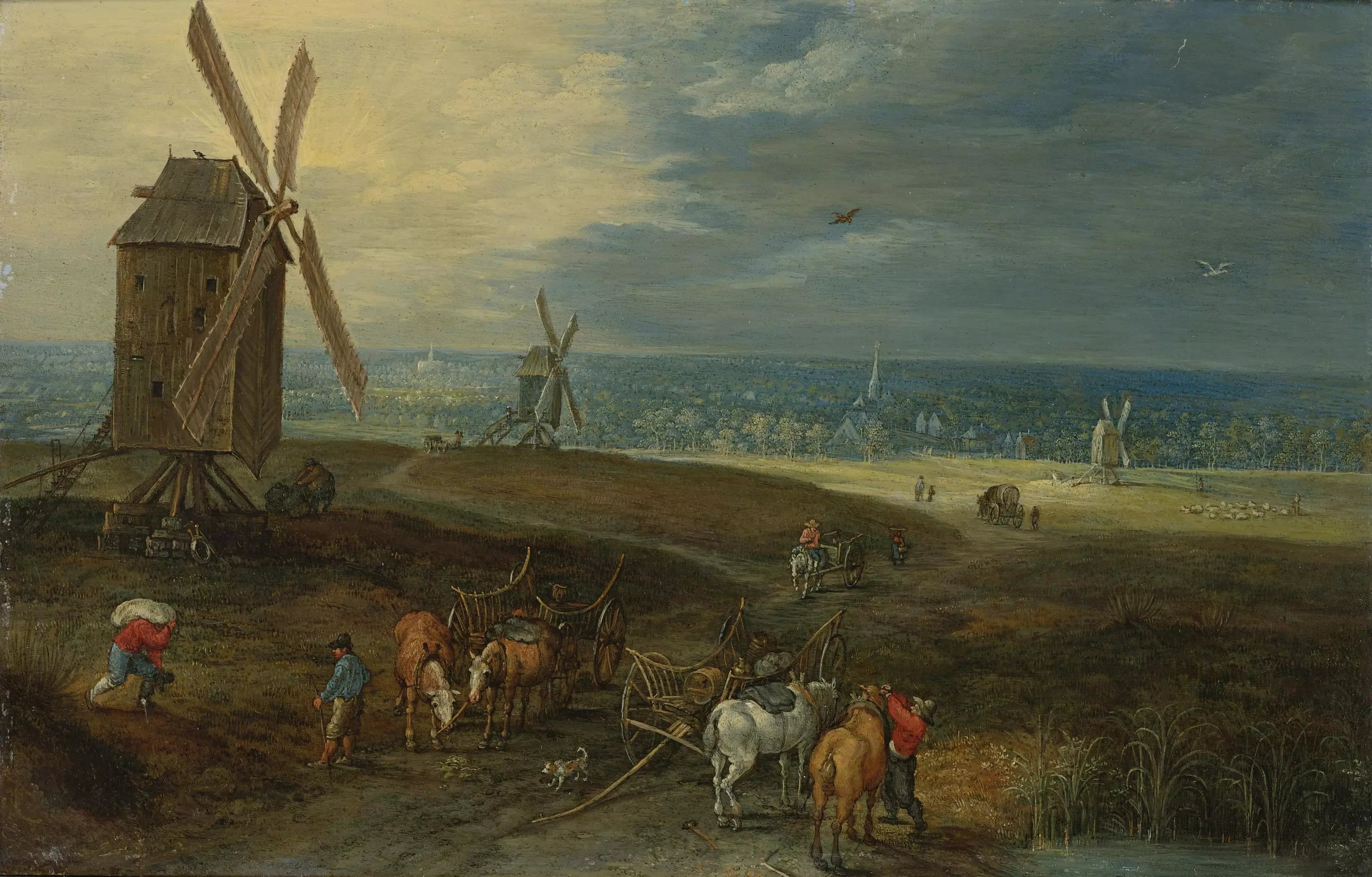 Vaste paysage avec des voyageurs devant un moulin à vent - Jan Brueghel le Jeune image 1 reproduction artisanale de tableau