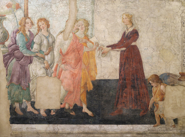 فينوس والنعم الثلاثة يقدمون الهدايا لفتاة صغيرة، حوالي 1483-1486 - Botticelli
