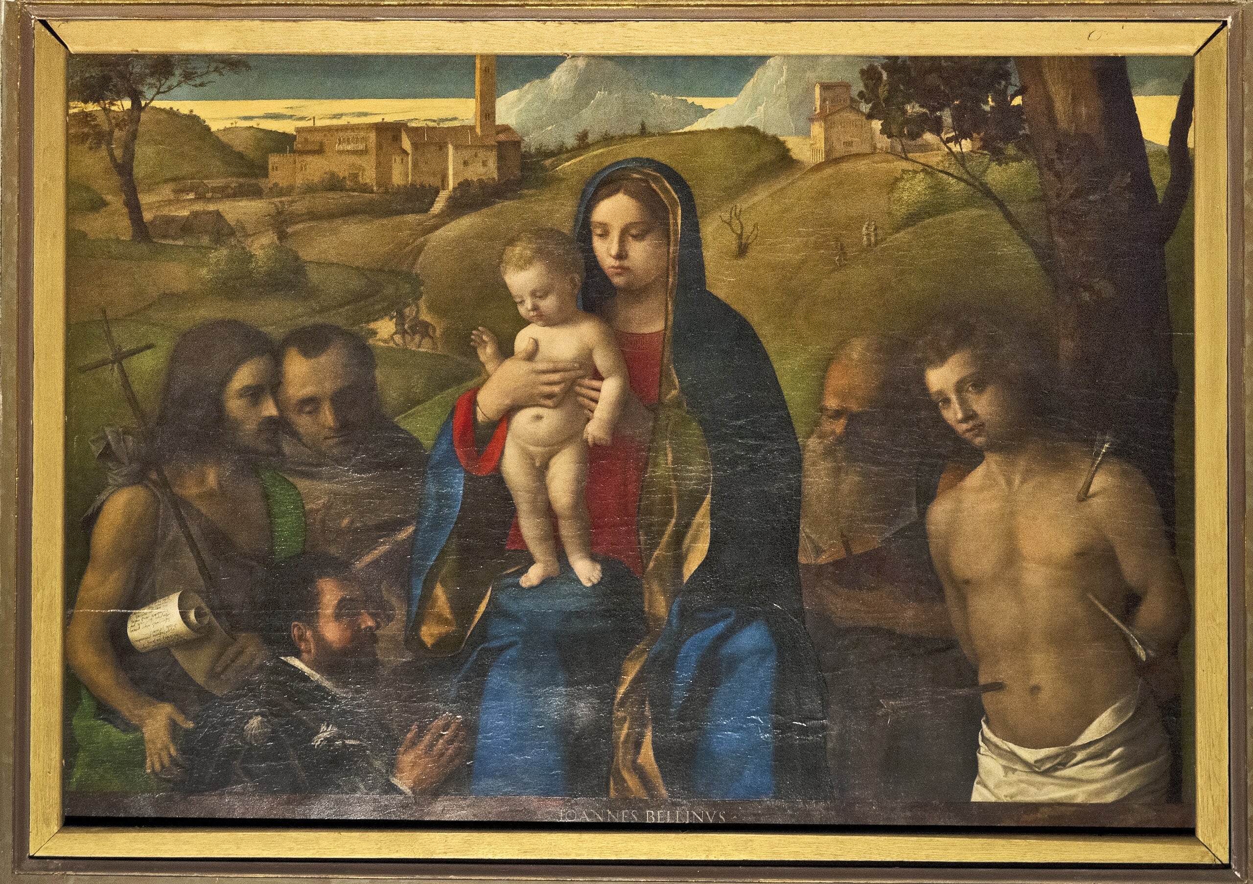 Vierge à l'Enfant avec quatre saints (Jean-Baptiste, Francis, Jérôme et Sébastien (de gauche à droite)) et le Donateur - Giovanni Bellini image 1 copie peinte à la main à l’huile