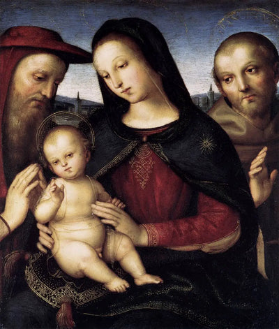 Reproduction du tableau « Vierge et l'Enfant avec saints Jérôme et François - Raphaël Sanzio » par Alpha Reproduction en peinture à l’huile