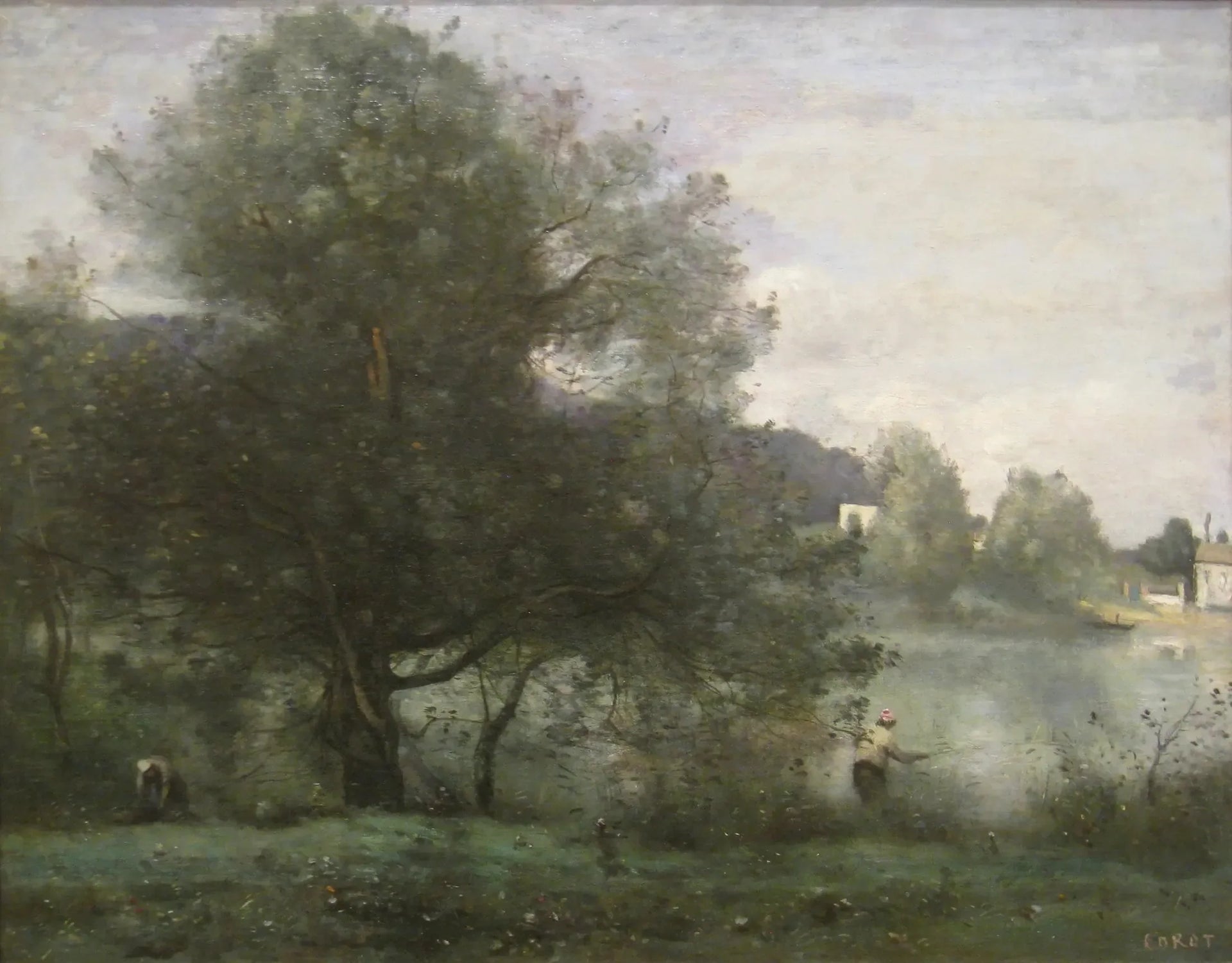 Ville-d'Avray. Un pêcheur au bord de l'étang - Jean-Baptiste Camille Corot image 1 copie de tableau peinte à la main