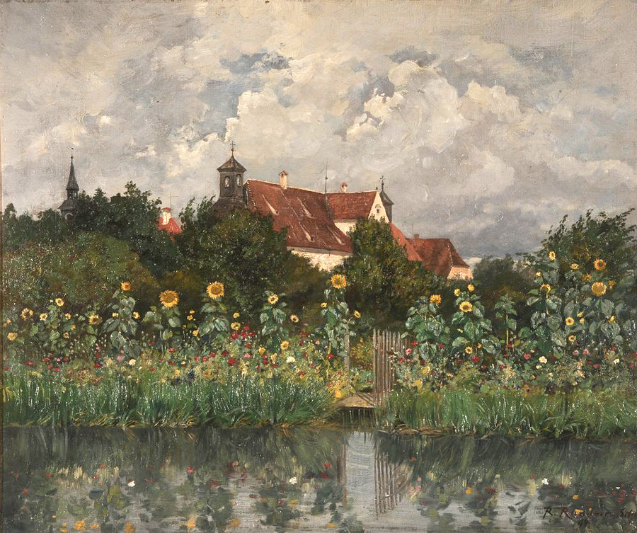 Ville et jardin aux tournesols près d’un étang, 1894 – Robert Raudner
