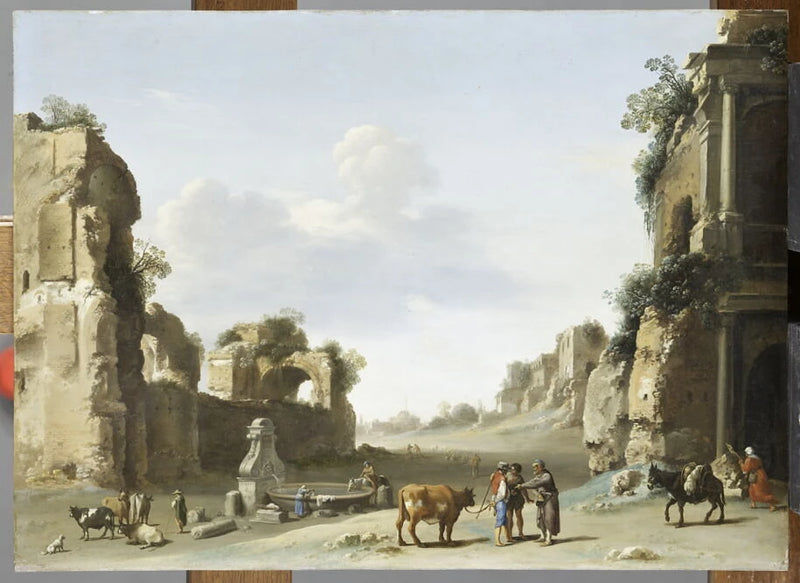 Vue de fantaisie du Campo Vaccino à Rome avec un âne - Cornelis van Poelenburgh