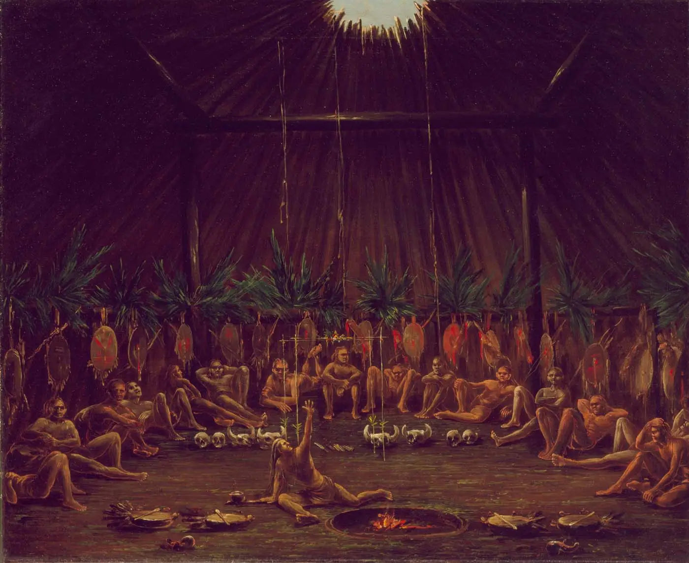 Vue intérieure du Medicine Lodge cérémonie Mandan O-kee-pa - George Catlin - Alpha Reproduction