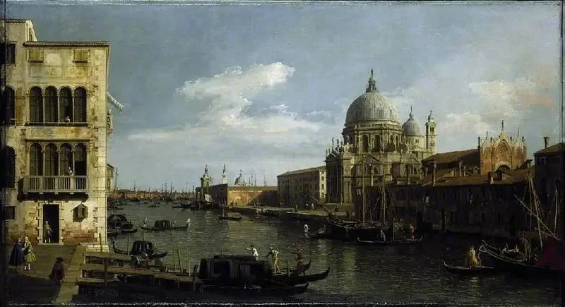 Vue sur le Grand Canal : Santa Maria della Salute et la Dogana depuis le Campo Santa Maria Zobenigo - Canaletto image 1 reproduction de peinture à l’huile